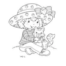 Coloriage Fraisinette assise avec son chaton dans les bras