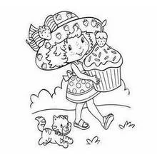 Coloriage Fraisinette portant un énorme cupcake
