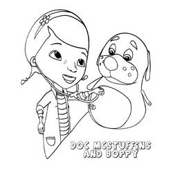 Coloriage Docteur La Peluche examinant Boppy au stéthoscope