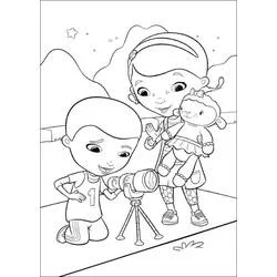Coloriage Docteur La Peluche observant le ciel au télescope avec ses amis
