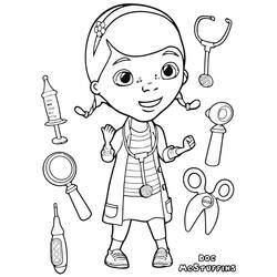Coloriage Docteur La Peluche entourée d'outils médicaux