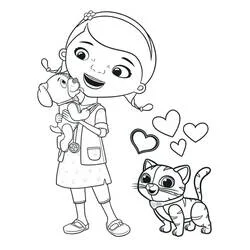 Coloriage Docteur La Peluche tenant un chiot près d'un chaton