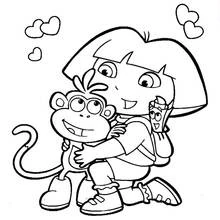 Coloriage Dora l'Exploratrice câlinant Babouche le singe