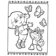 Coloriage Dora l'Exploratrice et Babouche jouant avec des papillons