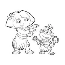Coloriage Dora l'Exploratrice dansant en jupe hawaïenne avec Babouche à la guitare