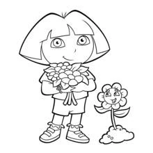 Coloriage Dora l'Exploratrice tenant un bouquet de fleurs