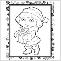 Coloriage Dora l'Exploratrice tenant un cadeau de Noël