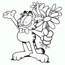 Coloriage Garfield offrant un bouquet de fleurs