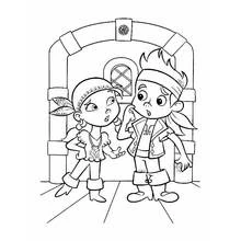 Coloriage Jake et Izzy discutant sous une arche de pierre