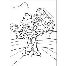 Coloriage Jake tenant une figurine de sirène sur le pont du bateau