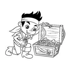 Coloriage Jake accroupi devant un coffre au trésor