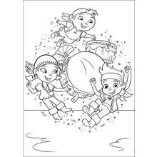 Coloriage Jake et les Pirates du Pays imaginaire sautant autour d'un sac au trésor