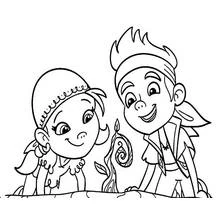 Coloriage Jake et Izzy observant une plante qui pousse