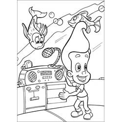Coloriage Jimmy Neutron devant le tableau de commande avec des poissons