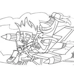 Coloriage Johnny Test et Dukey pilotant une fusée volante