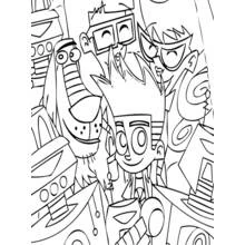 Coloriage Johnny Test entouré de ses amis et de gadgets