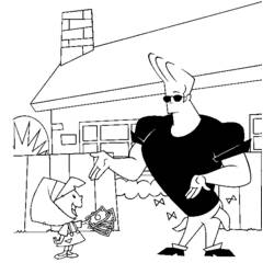 Coloriage Johny Bravo discutant avec une fillette et de l'argent