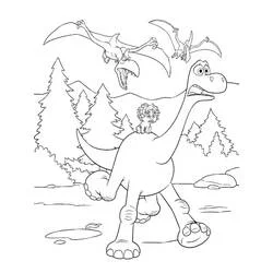 Coloriage Arlo qui court avec Spot face aux ptérodactyles