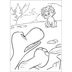 Coloriage Arlo penché vers Pâtson dans un décor rocheux
