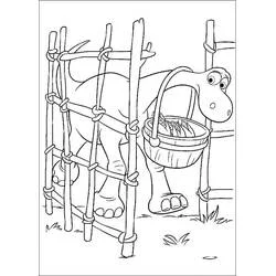 Coloriage Arlo derrière une clôture en bois avec un panier de poissons
