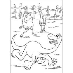 Coloriage Le Voyage d'Arlo jouant avec des poules à la ferme