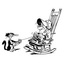 Coloriage Ma Dalton tricotant avec le chat Sweetie qui joue avec la laine