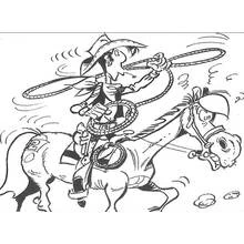 Coloriage Lucky Luke faisant tournoyer son lasso sur son cheval