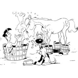 Coloriage Les Dalton personnage prenant un bain près d'un cheval et d'un chien