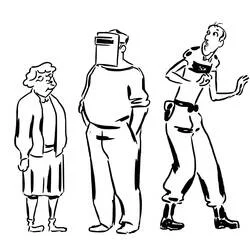 Coloriage Linda veut du poulet trois personnages debout ensemble
