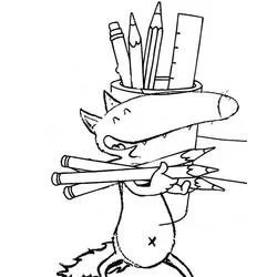 Coloriage Loup Auzou tenant des crayons et un pot de fournitures scolaires Coloriage Loup Auzou tenant des crayons et un pot de fournitures scolaires