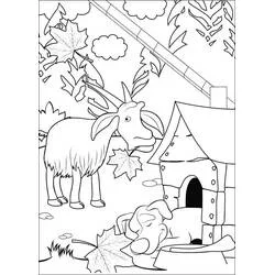 Coloriage Chèvre mangeant une feuille près d'une niche à chien