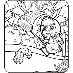 Coloriage Masha poursuivant une chenille avec un filet