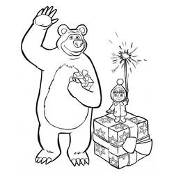 Coloriage Masha et Michka fêtant avec un feu d'artifice à main