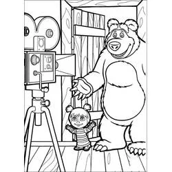 Coloriage Masha et Michka filmant avec une vieille caméra