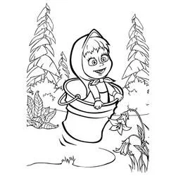Coloriage Masha roulant dans un seau en forêt