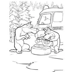 Coloriage Loups de Masha Et Michka réparant une roue