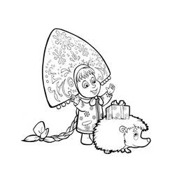 Coloriage Masha saluant près d'un hérisson avec un cadeau