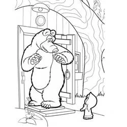 Coloriage Masha et Michka devant la porte de la cabane