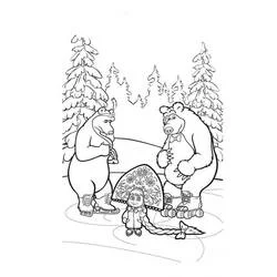 Coloriage Masha et Michka patinant avec un renne