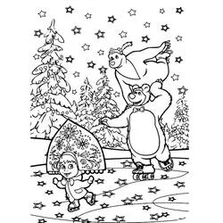 Coloriage Masha et Michka en patins à roulettes dans la forêt enneigée