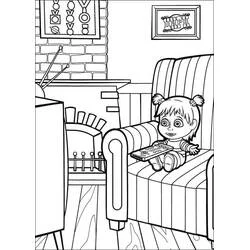 Coloriage Masha regarde la télé installée dans un fauteuil