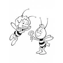Coloriage Maya l'abeille recevant une fleur de Willy