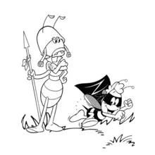 Coloriage Maya l'abeille courant devant un insecte garde armé d'une lance