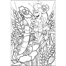 Coloriage Maya l'abeille avec un ver de terre souriant dans les blés