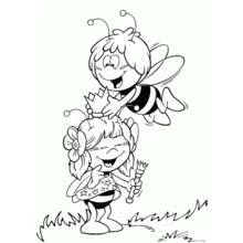 Coloriage Maya l'abeille survolant une fillette rieuse
