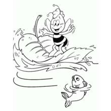 Coloriage Maya l'abeille surfant sur une feuille