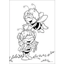 Coloriage Maya l'abeille survolant une fillette souriante
