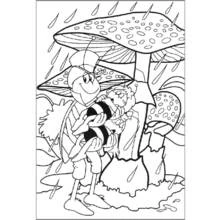 Coloriage Maya l'abeille abritée sous un champignon