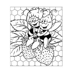Coloriage Maya l'abeille et Willy assis sur des fraises