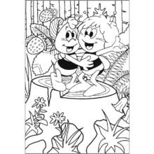 Coloriage Maya l'abeille enlaçant Willy sur une souche